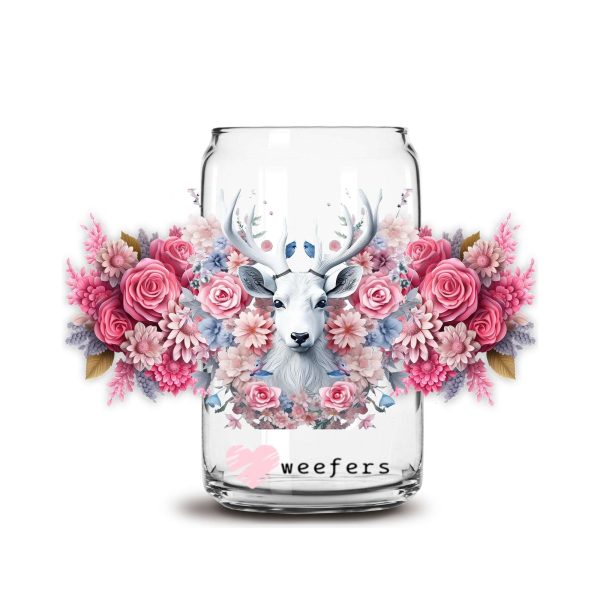 3D White Deer Floral 16oz Libbey Glass Can UV DTF or Sublimation Cup Wrap - Decal Transfer Cheap