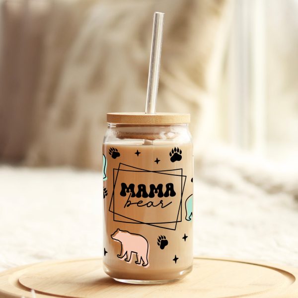 Mama Bear Teal and Pink 16oz Libbey Glass Can UV DTF or Sublimation Wrap - Decal Supply - Image 3