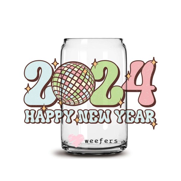 2024 New Year Disco Ball Pink and Green 16oz Libbey Glass Can UV DTF or Sublimation Cup Wrap - Decal Transfer For Discount