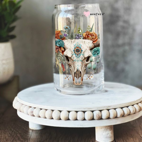 Cow Skull Aztec 16oz Libbey Glass Can UV DTF or Sublimation Cup Wrap - Decal Transfer For Sale - Image 2