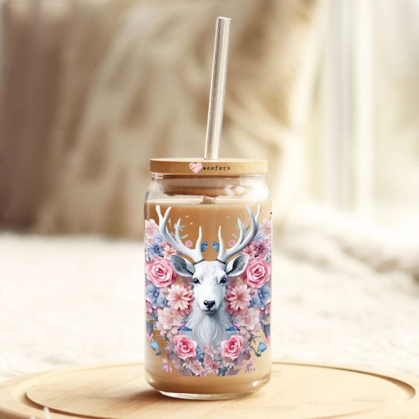 3D White Deer Floral 16oz Libbey Glass Can UV DTF or Sublimation Cup Wrap - Decal Transfer Cheap - Image 3