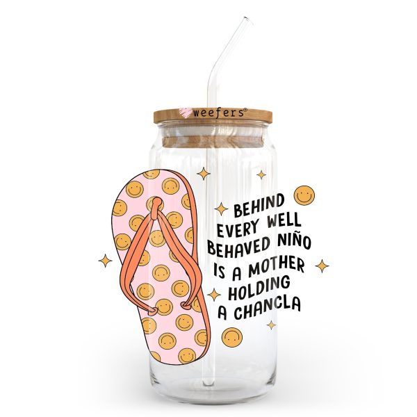 Behind Every Well Behaved Nino is a Mother Holding a Chancla 20oz Libbey Glass Can, 34oz Hip Sip, 40oz Tumbler, 24oz Cold Cup UV DTF Decal on Sale