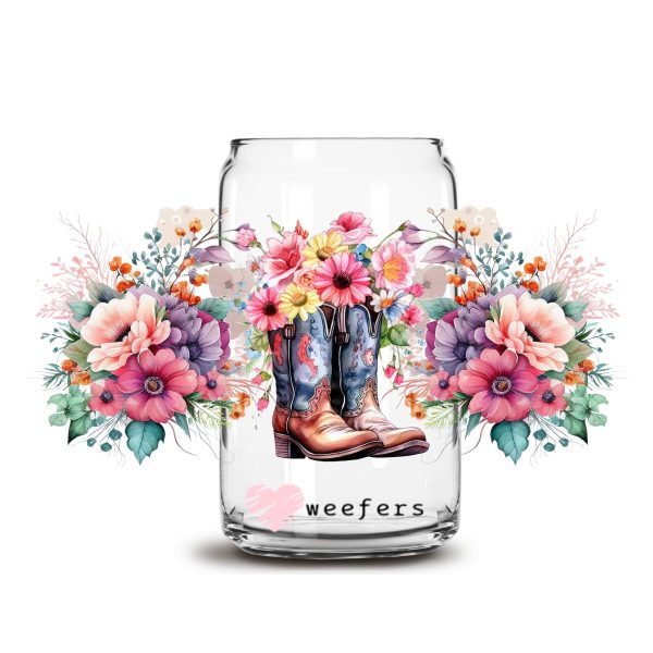 Flower Cowboy Boots 16oz Libbey Glass Can UV DTF or Sublimation Wrap - Transfer on Sale