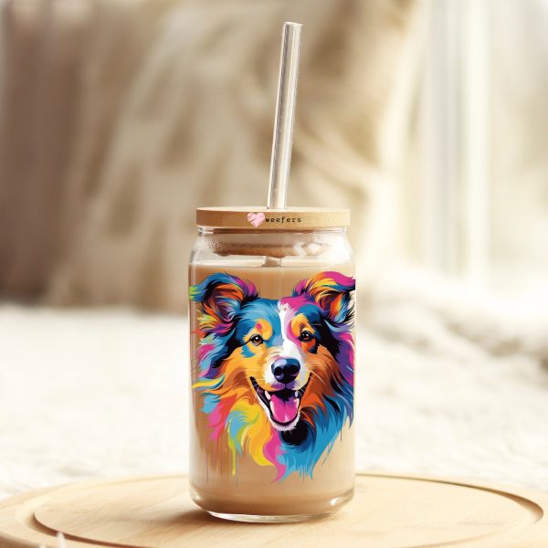 Shetland Sheepdog Colorful Watercolor 16oz Libbey Glass Can UV DTF or Sublimation Wrap - Decal Online now - Image 3