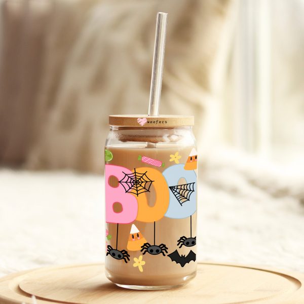 Boo Spiders Pink and Orange Halloween 16oz Libbey Glass Can UV DTF or Sublimation Wrap Decal Transfer Cheap - Image 2