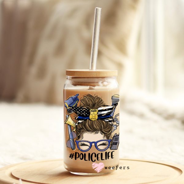Messy Bun Police Life 16oz Libbey Glass Can UV DTF or Sublimation Wrap - Decal Fashion - Image 4