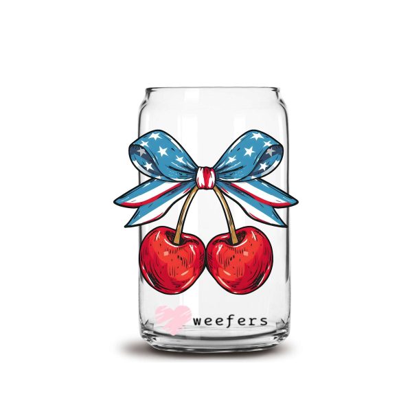 4th of July Bow Cherry 16oz Libbey Glass Can UV DTF or Sublimation Decal Transfer Discount