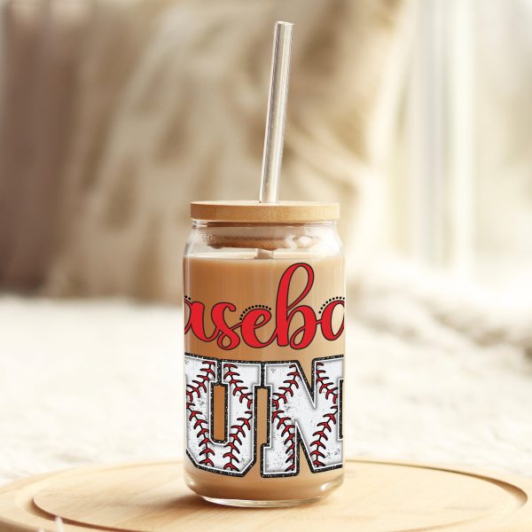 Baseball Aunt Red 16oz Libbey Glass Can UV DTF or Sublimation Cup Wrap - Decal Transfer Online Sale - Image 3