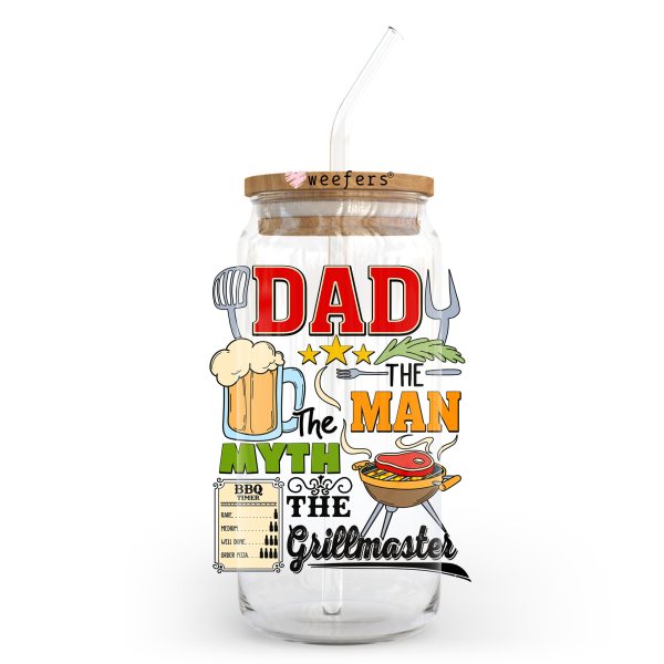 Dad the Man the Myth the Grillmaster Black 20oz Libbey Glass Can, 34oz Hip Sip, 40oz Tumbler, 24oz Cold Cup UV DTF or Sublimation Decal Transfer Discount