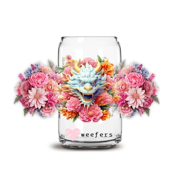 3D Dragon Floral 16oz Libbey Glass Can UV DTF or Sublimation Cup Wrap - Decal Transfer Hot on Sale
