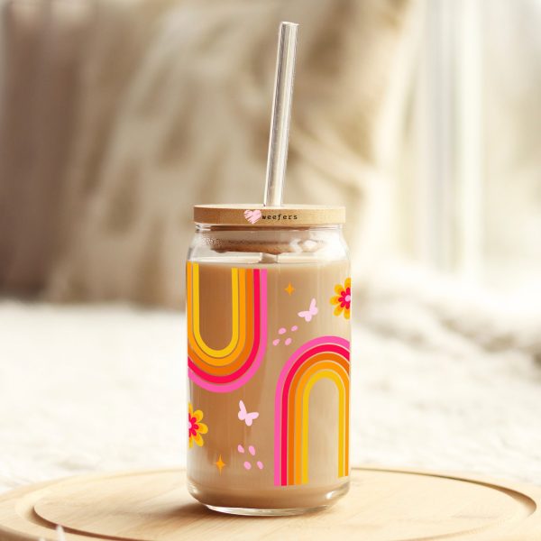 Retro Pink and Orange Rainbows 16oz Libbey Glass Can UV DTF or Sublimation Cup Wrap - Decal Transfer For Sale - Image 3
