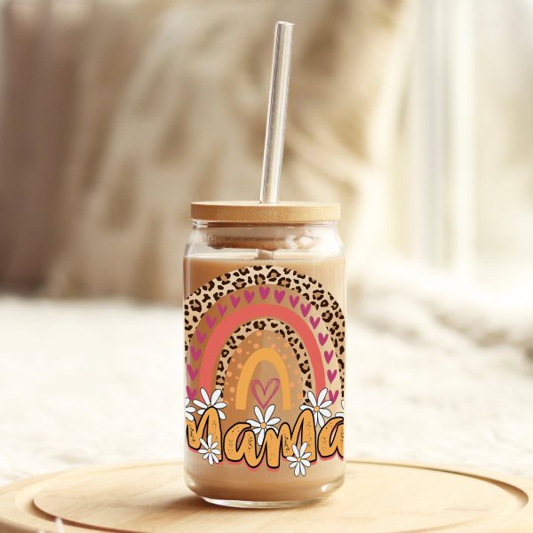 Mama Boho Rainbow White Flowers 16oz Libbey Glass Can UV DTF or Sublimation Cup Wrap - Decal Transfer Sale - Image 3