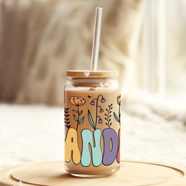 Grandma Retro Floral 16oz Libbey Glass Can UV DTF or Sublimation Cup Wrap - Decal Transfer Supply - Image 3