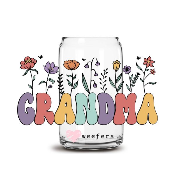 Grandma Retro Floral 16oz Libbey Glass Can UV DTF or Sublimation Cup Wrap - Decal Transfer Supply - Image 2