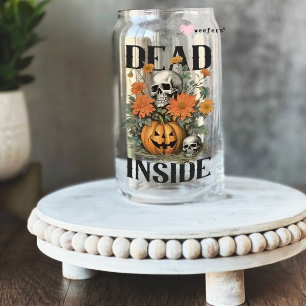 Dead Inside Skull Pumpkin Halloween 16oz Libbey Glass Can UV DTF or Sublimation Wrap - Decal For Discount