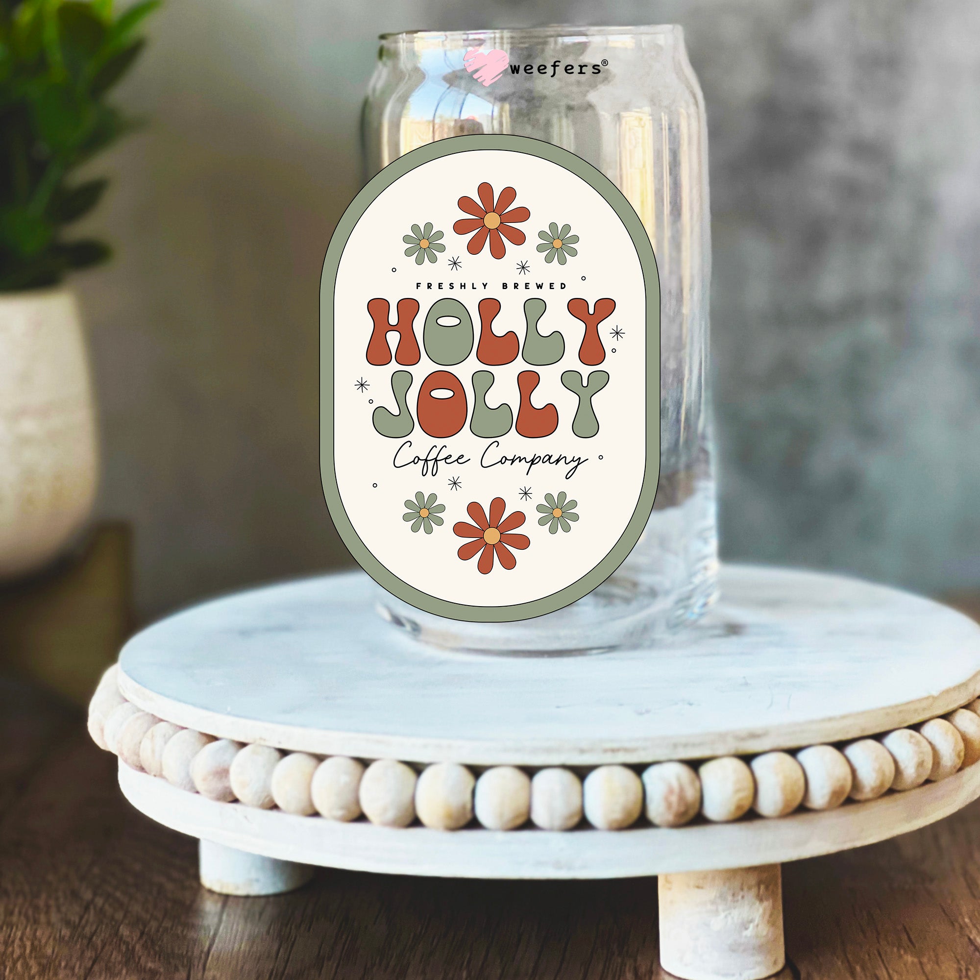 Green Outline Freshly Brewed Holly Jolly Coffee Company 16oz Libbey Glass Can UV DTF or Sublimation Wrap Decal Transfer Online