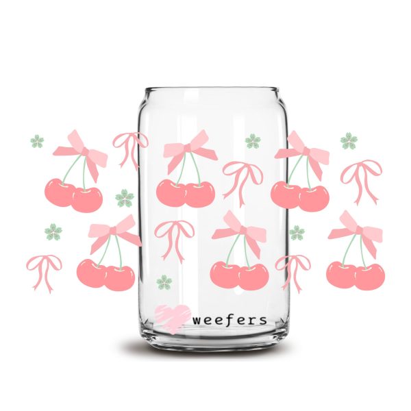 Coquette Pink Cherries 16oz Libbey Glass Can UV DTF or Sublimation Cup Wrap - Decal Transfer Sale - Image 2