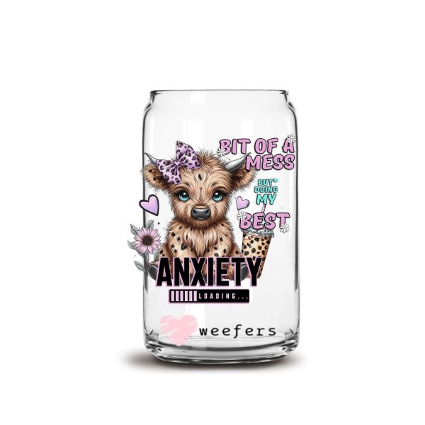 A Bit of a Mess But Doing My Best Purple Highland Cow 16oz Libbey Glass Can UV DTF or Sublimation Decal Transfer on Sale
