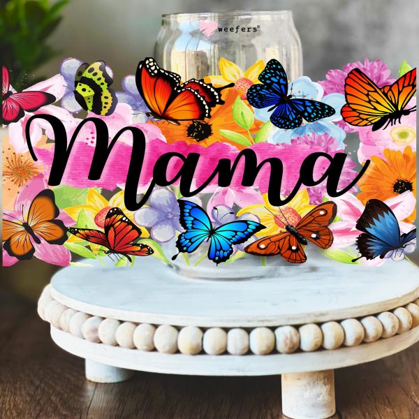 Mama Colorful Butterflies 16oz Libbey Glass Can UV DTF or Sublimation Wrap Decal Transfer For Sale