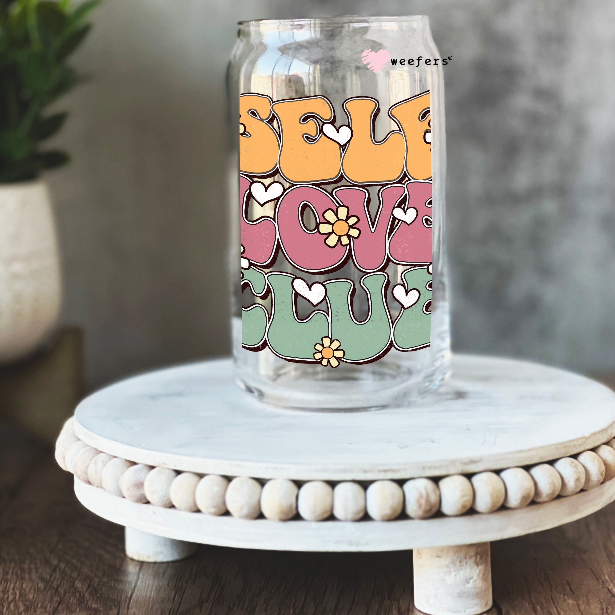 Self Love Club Retro 16oz Libbey Glass Can UV DTF or Sublimation Cup Wrap – Decal Transfer Sale