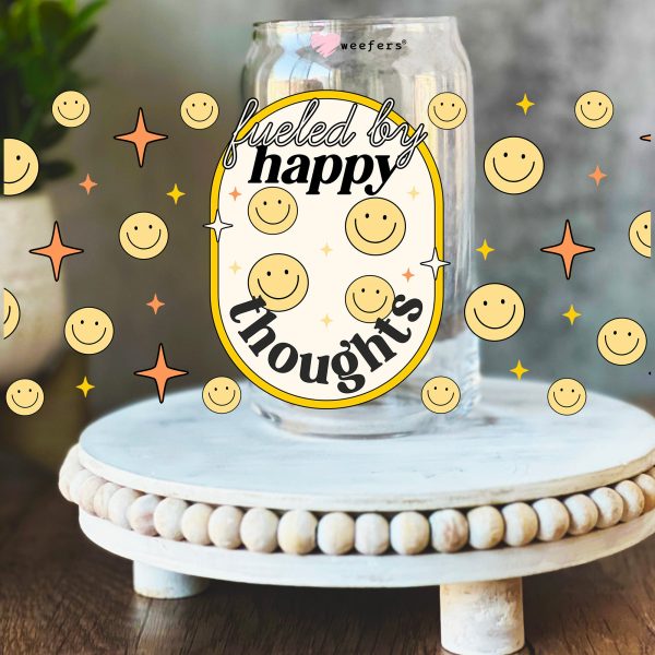 Fueled By Happy Thoughts 16oz Libbey Glass Can UV DTF or Sublimation Wrap Decal Transfer For Cheap