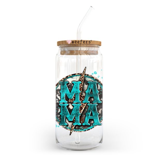 Mama Teal Leopard 20oz Libbey Glass Can UV DTF or Sublimation Wrap - Decal Transfer Discount