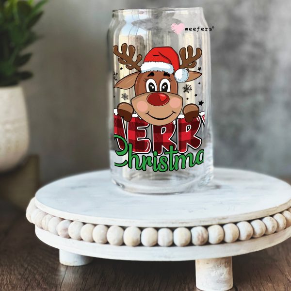 Merry Christmas Reindeer 16oz Libbey Glass Can UV DTF or Sublimation Cup Wrap - Decal Transfer Sale