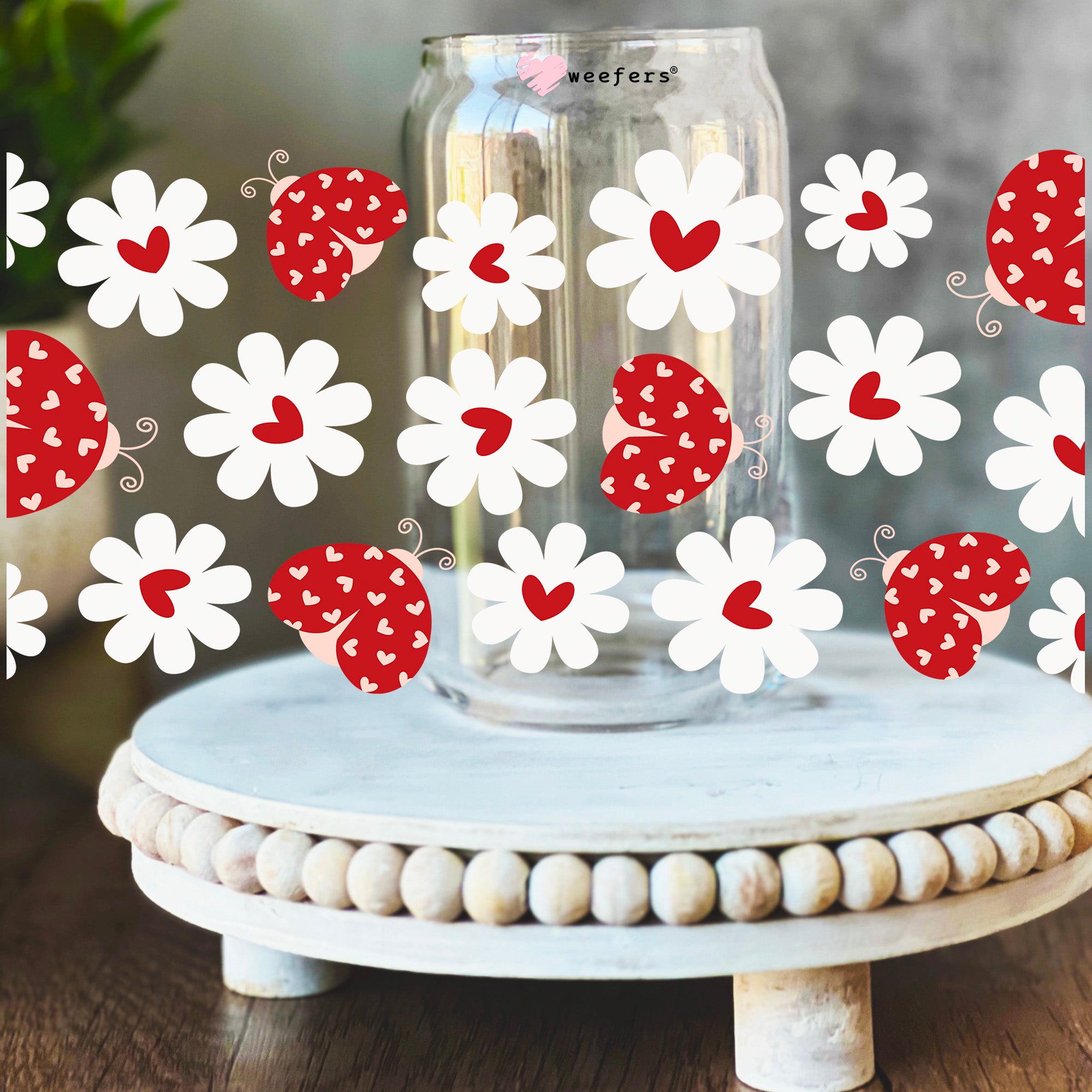 Red Heart Lady Bugs Flowers 16oz Libbey Glass Can UV DTF or Sublimation Wrap Decal Transfer Online