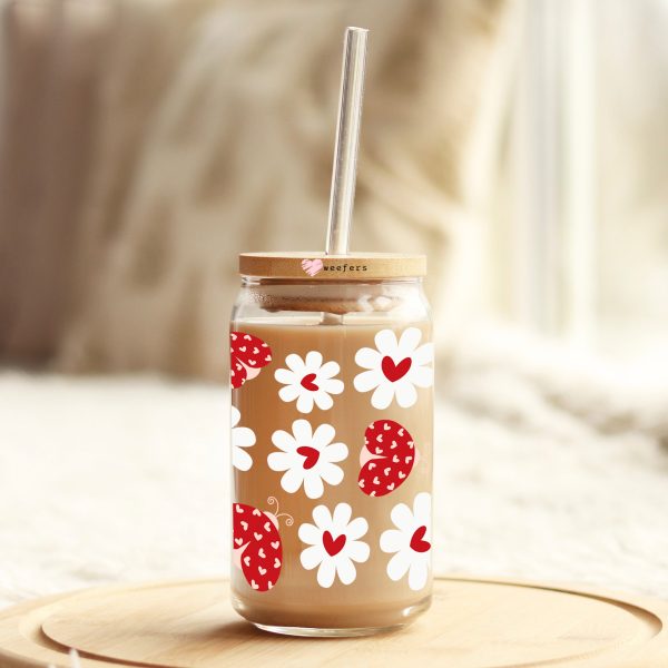 Red Heart Lady Bugs Flowers 16oz Libbey Glass Can UV DTF or Sublimation Wrap Decal Transfer Online - Image 2