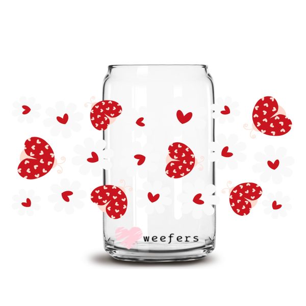 Red Heart Lady Bugs Flowers 16oz Libbey Glass Can UV DTF or Sublimation Wrap Decal Transfer Online - Image 4
