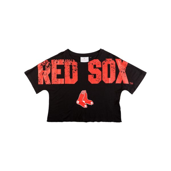 Boston Red Sox MLB Womens Petite Distressed Wordmark Crop Top Online Sale - Image 3