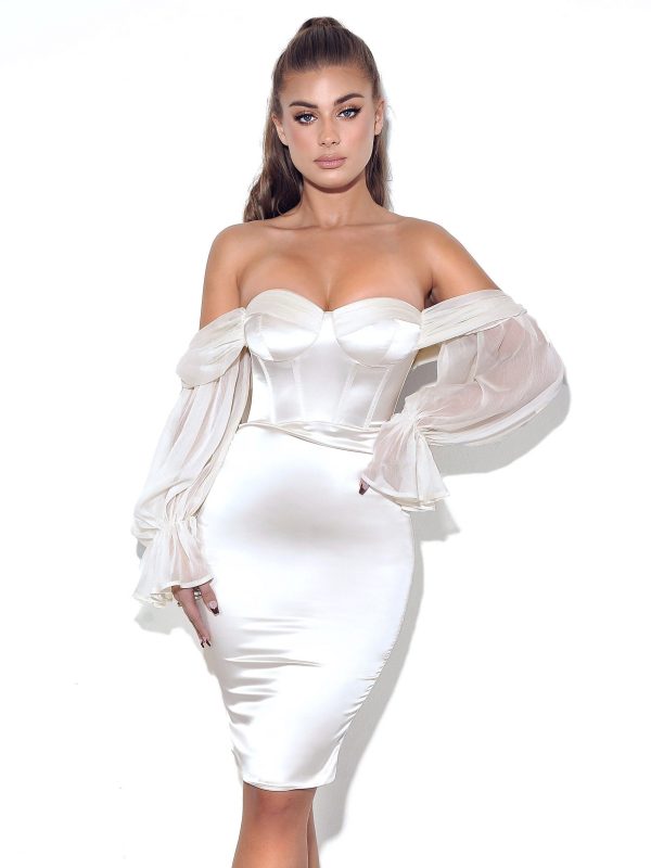 Lydia Pearl White Satin Off Shoulder Puff Sleeve Dress For Discount