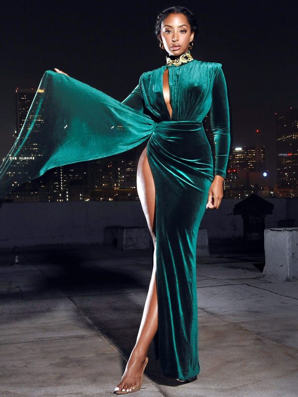 Zenaida Emerald Green Cutout High Slit Velvet Gown Online Sale - Image 2